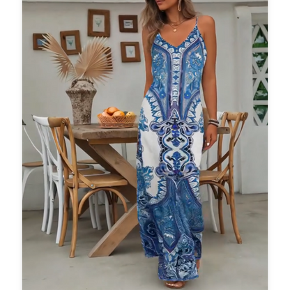 💕Limited Sale 60% OFF🎁Women’s Retro Print V-Neck Sleeveless Maxi Dress