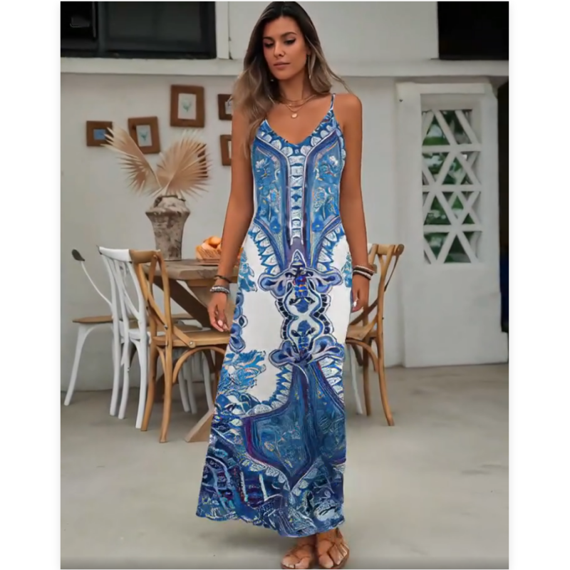 💕Limited Sale 60% OFF🎁Women’s Retro Print V-Neck Sleeveless Maxi Dress