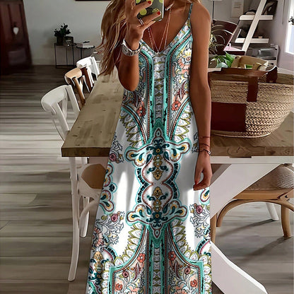 💕Limited Sale 60% OFF🎁Women’s Retro Print V-Neck Sleeveless Maxi Dress