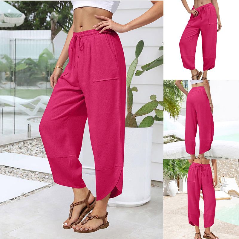 🌸New Arrival 50%OFF💖Women's Linen Loose Casual Capri Pants Elastic Waistband with Pockets