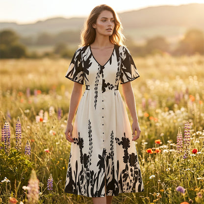 👗 60% OFF NOW! 🌿 Soft Botanical Print V-Neck Midi Dress – Elegant, Lightweight & Versatile for Any Occasion 🌸