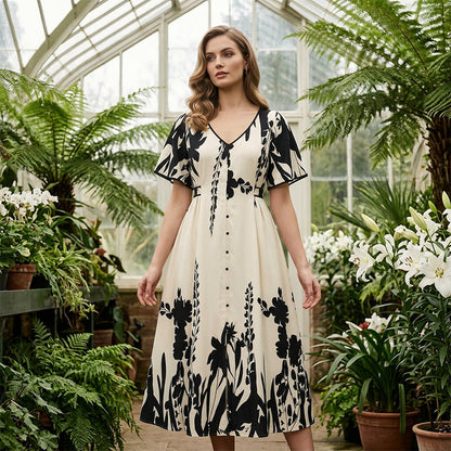 👗 60% OFF NOW! 🌿 Soft Botanical Print V-Neck Midi Dress – Elegant, Lightweight & Versatile for Any Occasion 🌸