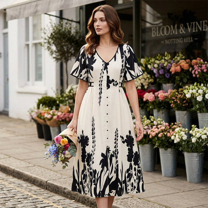 👗 60% OFF NOW! 🌿 Soft Botanical Print V-Neck Midi Dress – Elegant, Lightweight & Versatile for Any Occasion 🌸