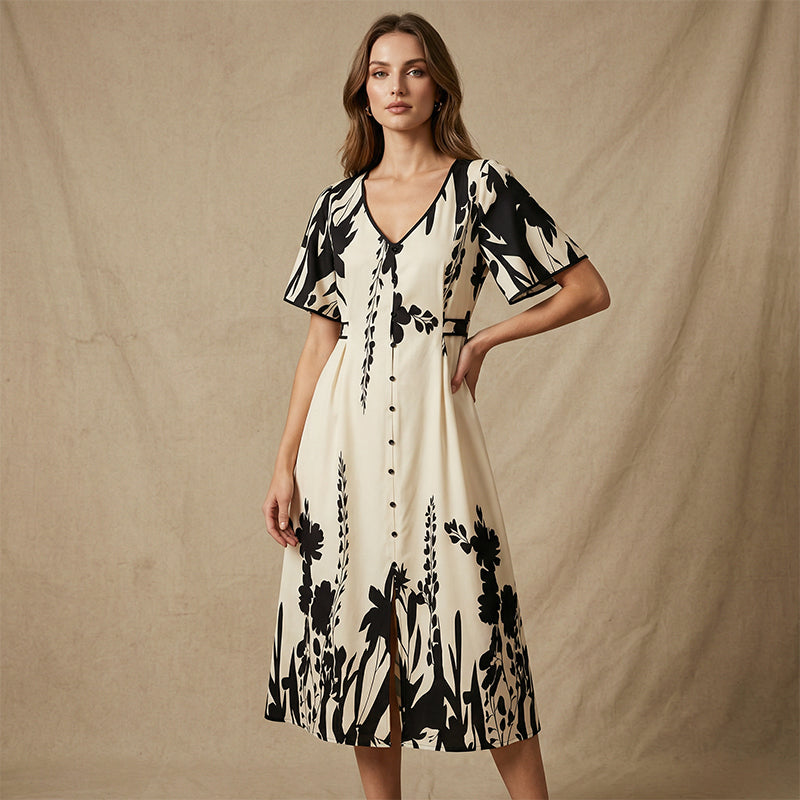 👗 60% OFF NOW! 🌿 Soft Botanical Print V-Neck Midi Dress – Elegant, Lightweight & Versatile for Any Occasion 🌸