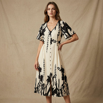 👗 60% OFF NOW! 🌿 Soft Botanical Print V-Neck Midi Dress – Elegant, Lightweight & Versatile for Any Occasion 🌸