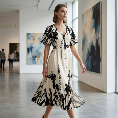 👗 60% OFF NOW! 🌿 Soft Botanical Print V-Neck Midi Dress – Elegant, Lightweight & Versatile for Any Occasion 🌸