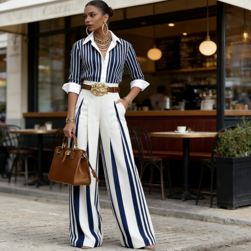 💞SUMMER HOT SALE💞50K+ SOLD!💥60% OFF! 🔥 Women's Striped Shirt & Wide-Leg Pants 2-Piece Set