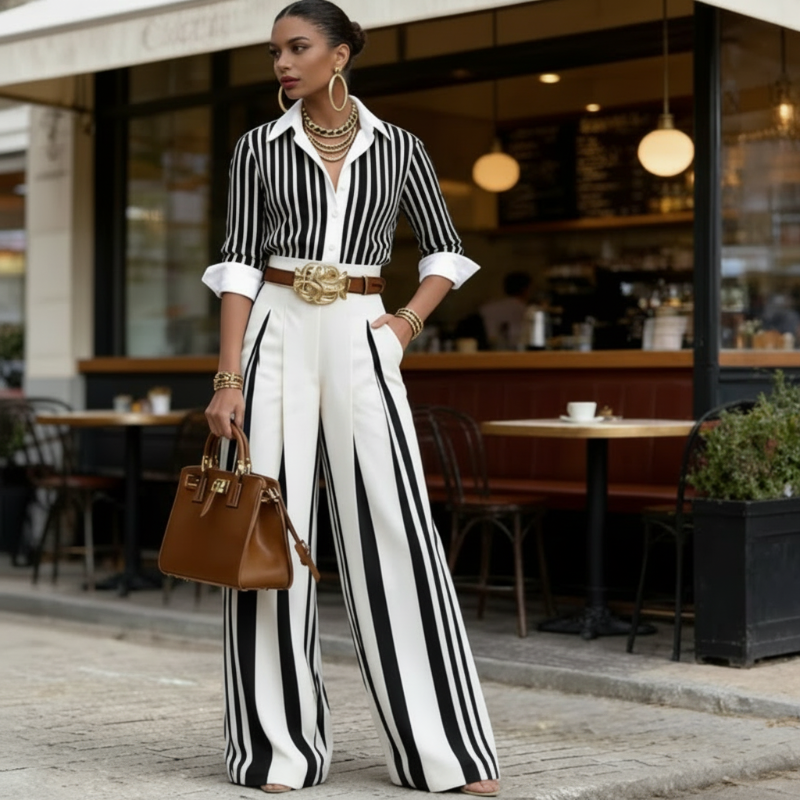 💞SUMMER HOT SALE💞50K+ SOLD!💥60% OFF! 🔥 Women's Striped Shirt & Wide-Leg Pants 2-Piece Set