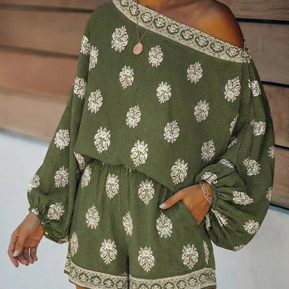 💕Limited Sale 70% OFF💕Bohemian Off-Shoulder Printed Jumpsuit Set