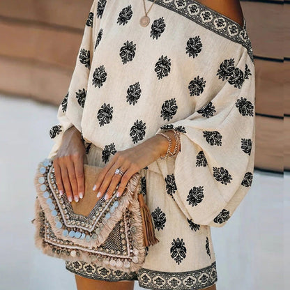 💕Limited Sale 70% OFF💕Bohemian Off-Shoulder Printed Jumpsuit Set