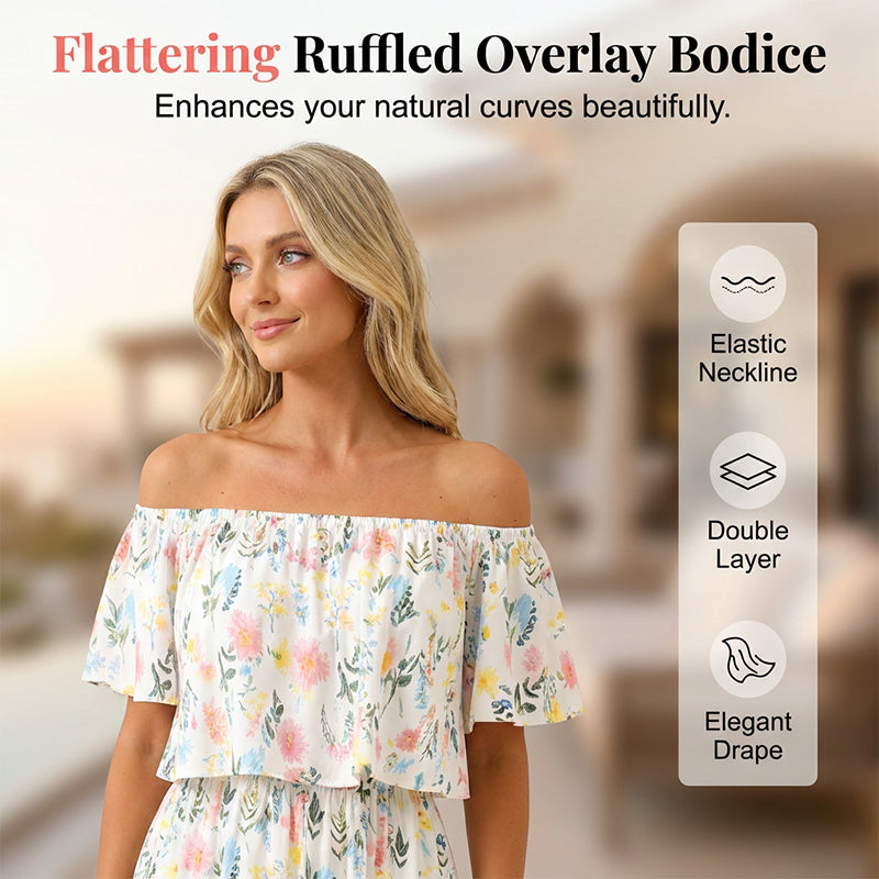 ⏰Last Day Sale 50% OFF💃Women's Off-Shoulder Ruffled Side-Slit Maxi Dress with Pockets ✨