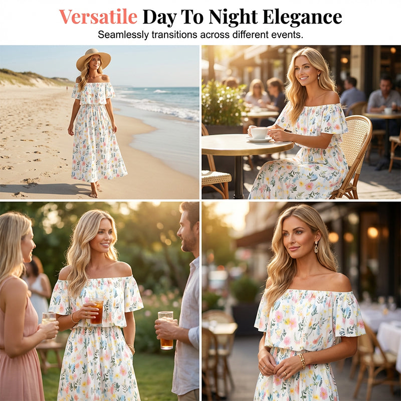 ⏰Last Day Sale 50% OFF💃Women's Off-Shoulder Ruffled Side-Slit Maxi Dress with Pockets ✨