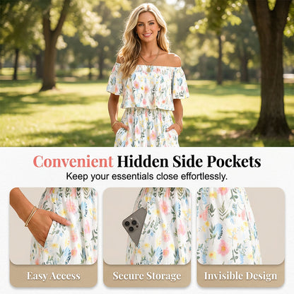 ⏰Last Day Sale 50% OFF💃Women's Off-Shoulder Ruffled Side-Slit Maxi Dress with Pockets ✨