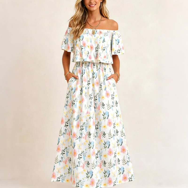 ⏰Last Day Sale 50% OFF💃Women's Off-Shoulder Ruffled Side-Slit Maxi Dress with Pockets ✨
