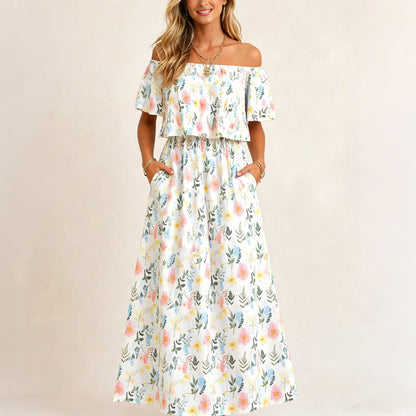 ⏰Last Day Sale 50% OFF💃Women's Off-Shoulder Ruffled Side-Slit Maxi Dress with Pockets ✨