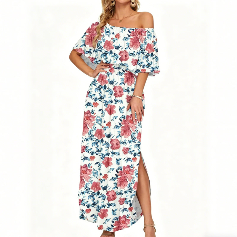 ⏰Last Day Sale 50% OFF💃Women's Off-Shoulder Ruffled Side-Slit Maxi Dress with Pockets ✨