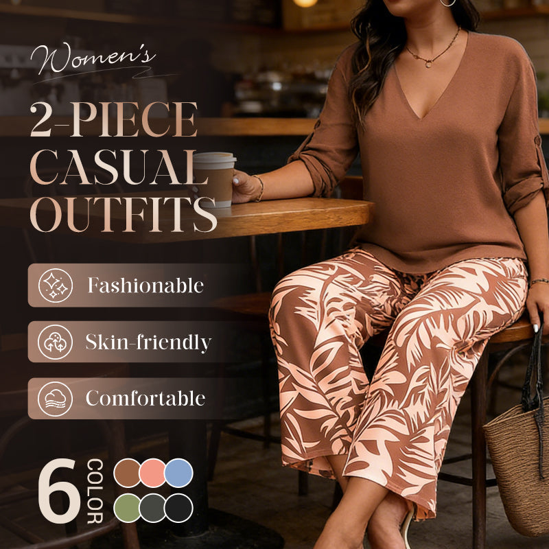 🌿Summer Cool Deal: 70% OFF!!🌿Women's V-Neck Blouse & Printed Wide-Leg Pants Set💃
