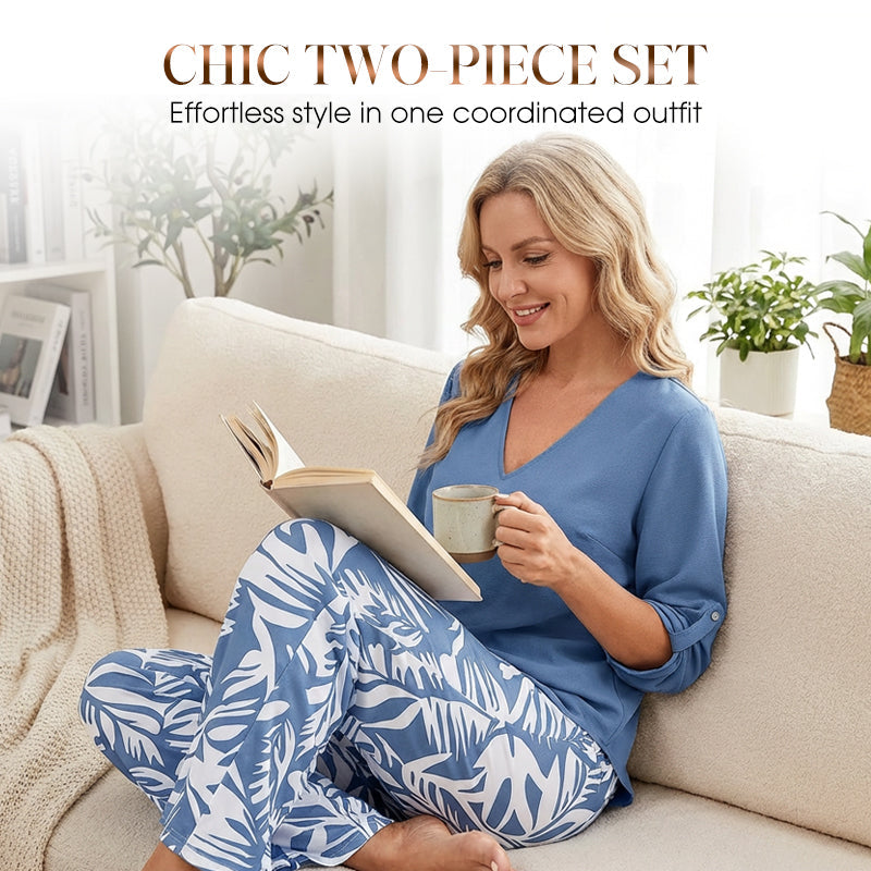 🌿Summer Cool Deal: 70% OFF!!🌿Women's V-Neck Blouse & Printed Wide-Leg Pants Set💃