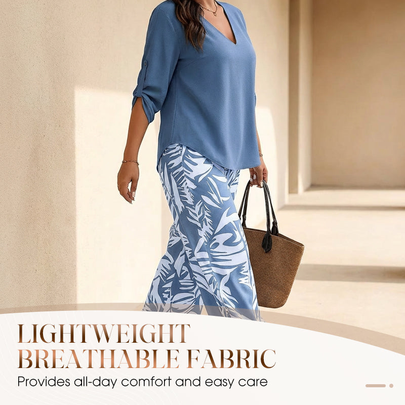 🌿Summer Cool Deal: 70% OFF!!🌿Women's V-Neck Blouse & Printed Wide-Leg Pants Set💃