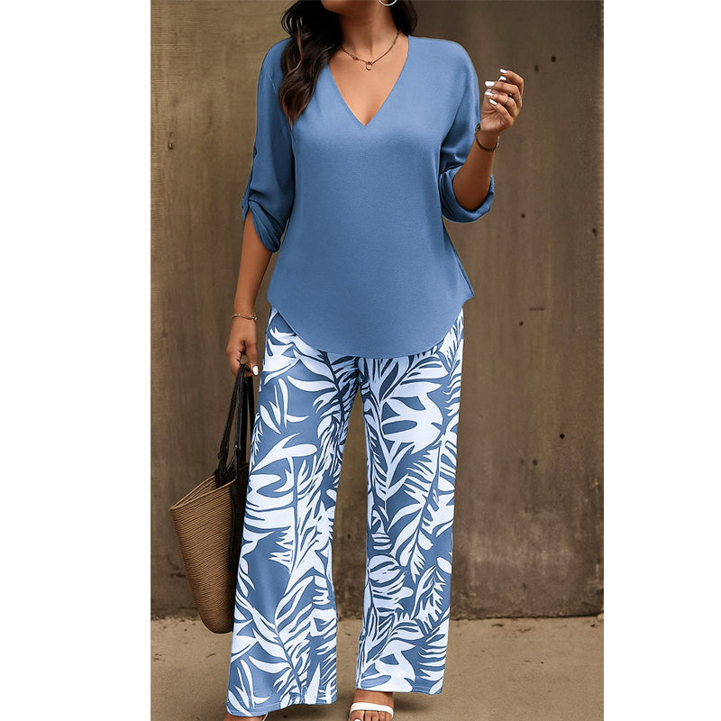 🌿Summer Cool Deal: 70% OFF!!🌿Women's V-Neck Blouse & Printed Wide-Leg Pants Set💃