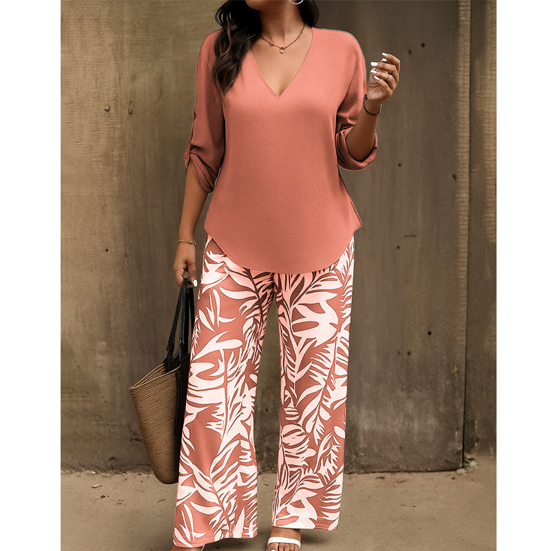 🌿Summer Cool Deal: 70% OFF!!🌿Women's V-Neck Blouse & Printed Wide-Leg Pants Set💃