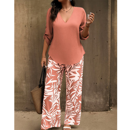 🌿Summer Cool Deal: 70% OFF!!🌿Women's V-Neck Blouse & Printed Wide-Leg Pants Set💃