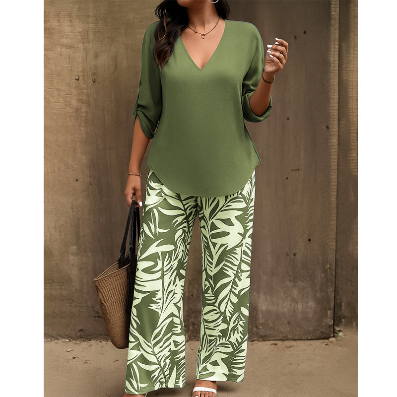 🌿Summer Cool Deal: 70% OFF!!🌿Women's V-Neck Blouse & Printed Wide-Leg Pants Set💃