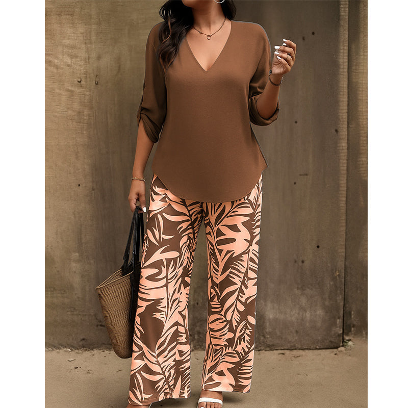 🌿Summer Cool Deal: 70% OFF!!🌿Women's V-Neck Blouse & Printed Wide-Leg Pants Set💃