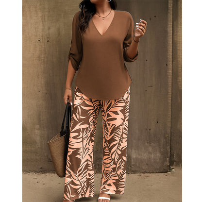 🌿Summer Cool Deal: 70% OFF!!🌿Women's V-Neck Blouse & Printed Wide-Leg Pants Set💃