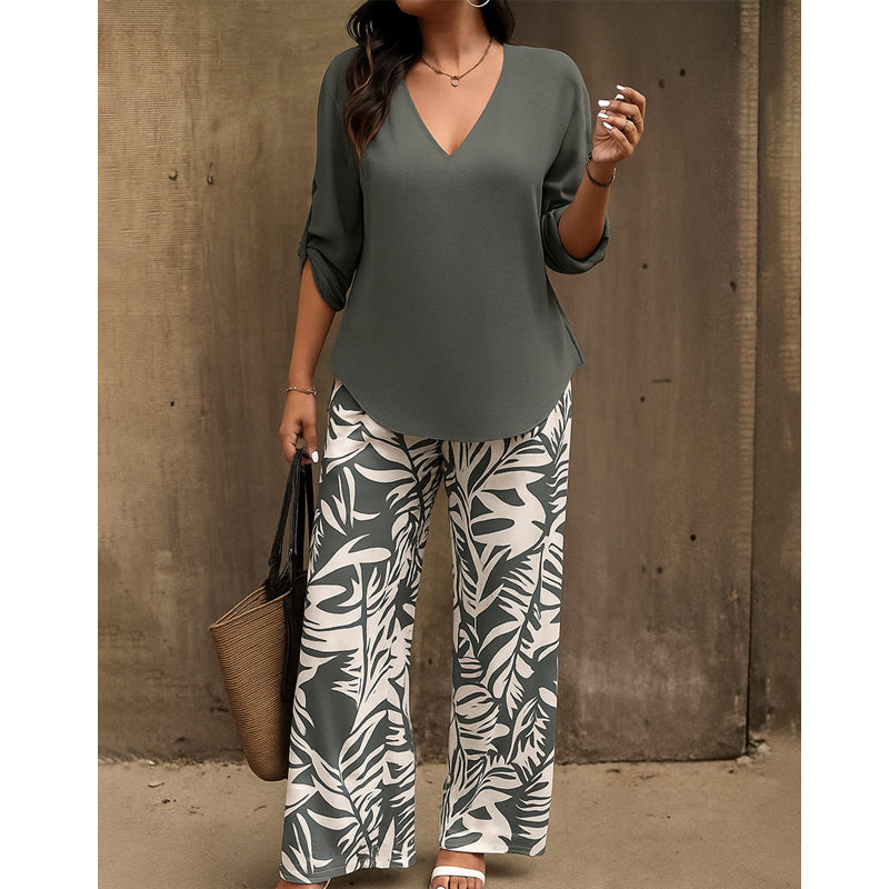 🌿Summer Cool Deal: 70% OFF!!🌿Women's V-Neck Blouse & Printed Wide-Leg Pants Set💃