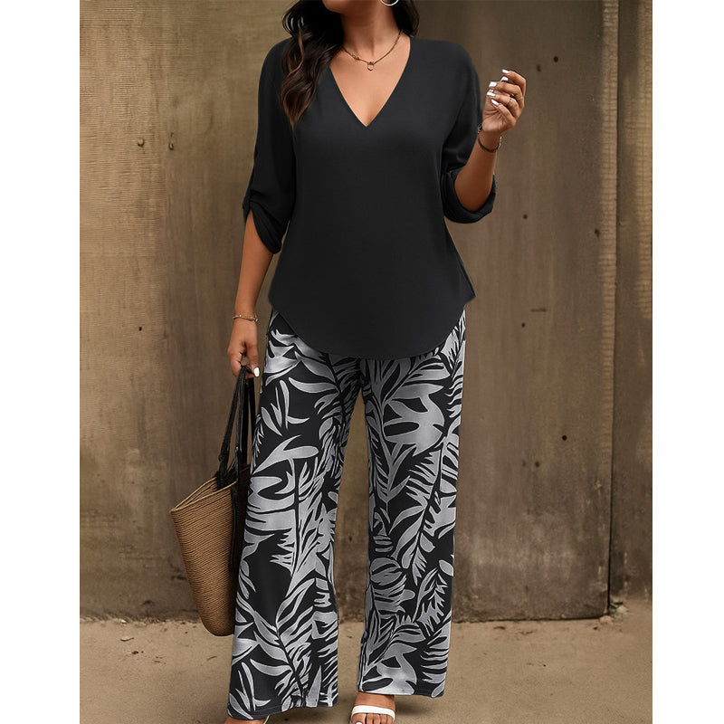 🌿Summer Cool Deal: 70% OFF!!🌿Women's V-Neck Blouse & Printed Wide-Leg Pants Set💃