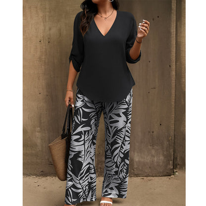 🌿Summer Cool Deal: 70% OFF!!🌿Women's V-Neck Blouse & Printed Wide-Leg Pants Set💃