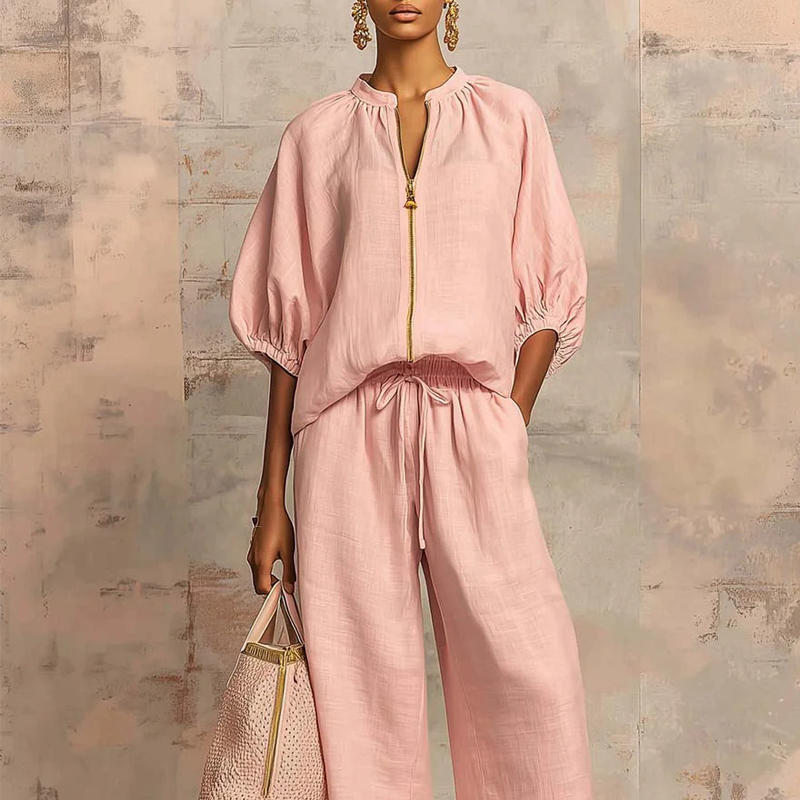 👚 LIMITED-TIME 70% OFF! 👖 Women's Solid Color 2-Piece Tracksuit – Puff Sleeve, Wide Leg, Zipper Detail ✨