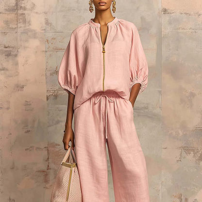 👚 LIMITED-TIME 70% OFF! 👖 Women's Solid Color 2-Piece Tracksuit – Puff Sleeve, Wide Leg, Zipper Detail ✨