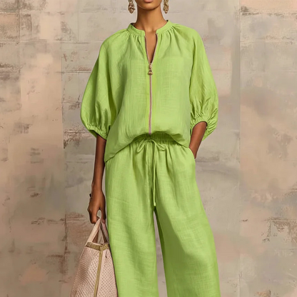 👚 LIMITED-TIME 70% OFF! 👖 Women's Solid Color 2-Piece Tracksuit – Puff Sleeve, Wide Leg, Zipper Detail ✨