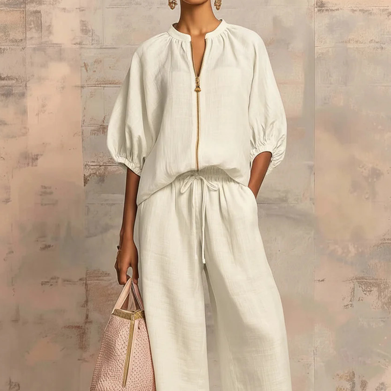 👚 LIMITED-TIME 70% OFF! 👖 Women's Solid Color 2-Piece Tracksuit – Puff Sleeve, Wide Leg, Zipper Detail ✨
