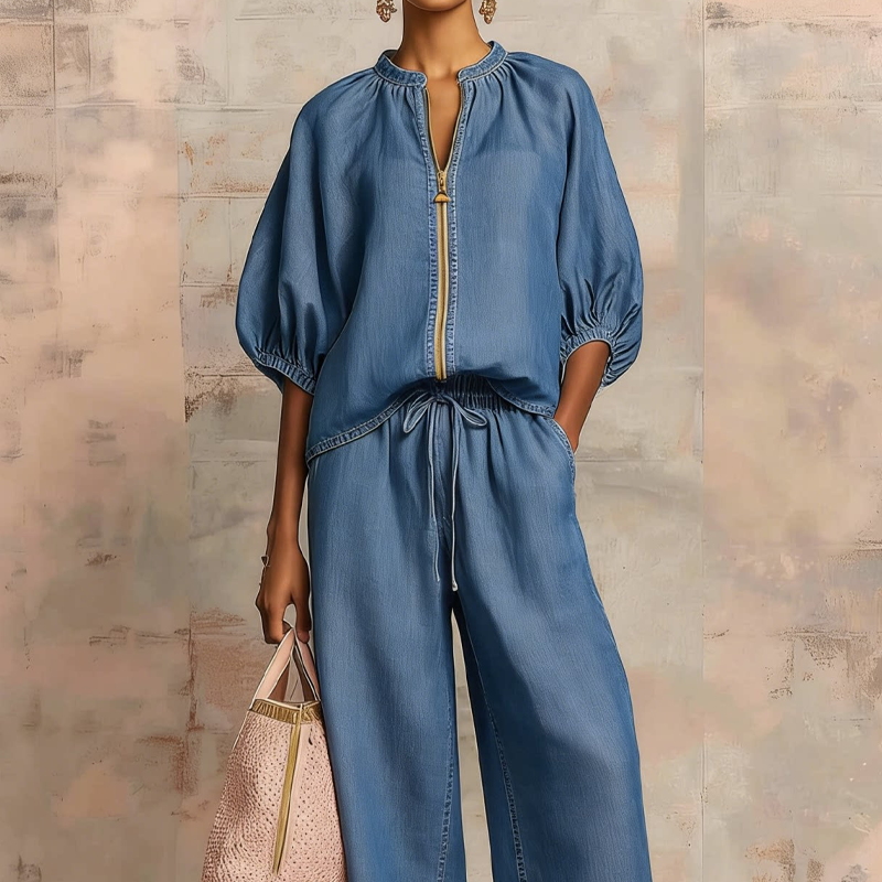 👚 LIMITED-TIME 70% OFF! 👖 Women's Solid Color 2-Piece Tracksuit – Puff Sleeve, Wide Leg, Zipper Detail ✨