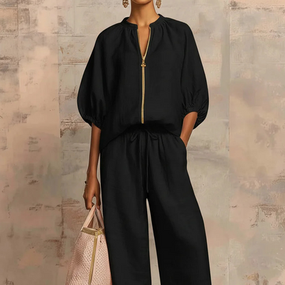 👚 LIMITED-TIME 70% OFF! 👖 Women's Solid Color 2-Piece Tracksuit – Puff Sleeve, Wide Leg, Zipper Detail ✨