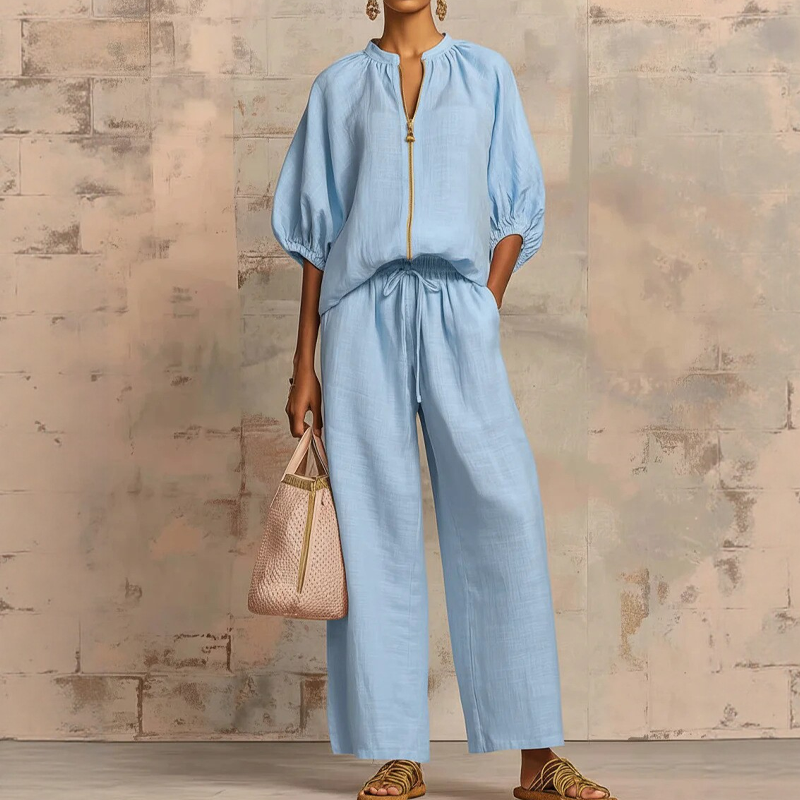 👚 LIMITED-TIME 70% OFF! 👖 Women's Solid Color 2-Piece Tracksuit – Puff Sleeve, Wide Leg, Zipper Detail ✨