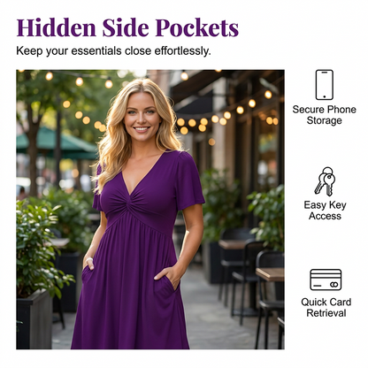 🌊SUMMER HOT SALE 70% OFF!✨Twisted V-Neck Midi Dress – Effortlessly Elegant with Functional Pockets 🌸