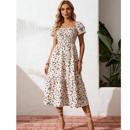 🔥2026 Summer Hot Sale 50% OFF!✨Square Neck Floral Midi Dress – Smocked Bodice, Flowy Tiered Skirt, Romantic🌸