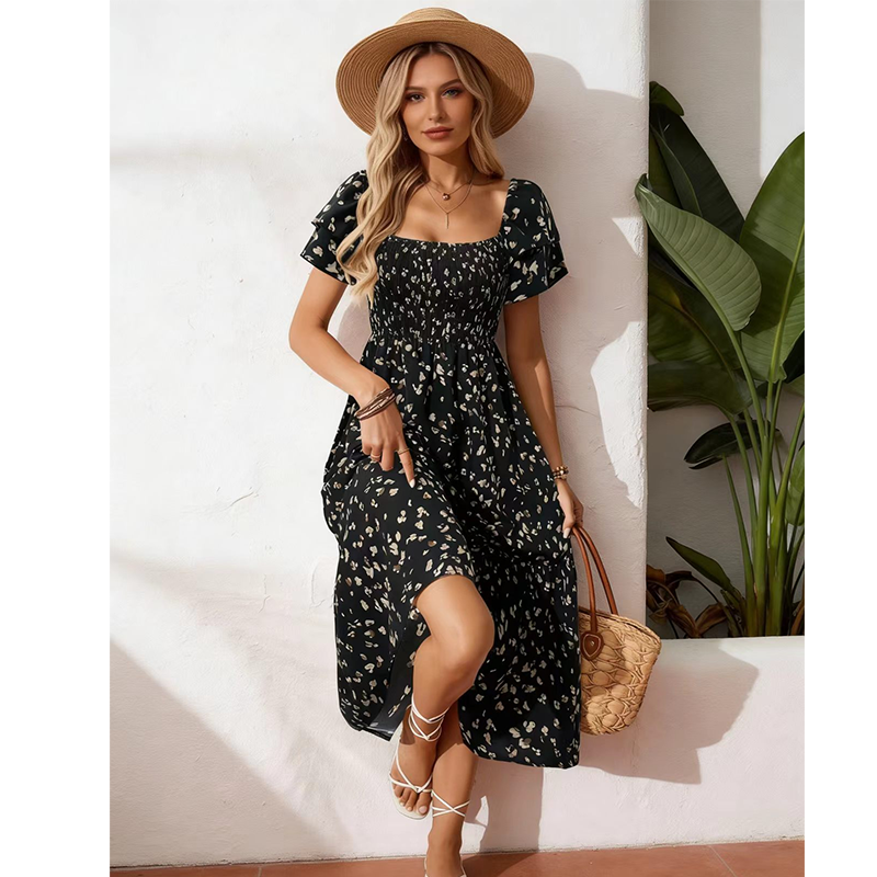 🔥2026 Summer Hot Sale 50% OFF!✨Square Neck Floral Midi Dress – Smocked Bodice, Flowy Tiered Skirt, Romantic🌸