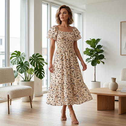 🔥2026 Summer Hot Sale 50% OFF!✨Square Neck Floral Midi Dress – Smocked Bodice, Flowy Tiered Skirt, Romantic🌸