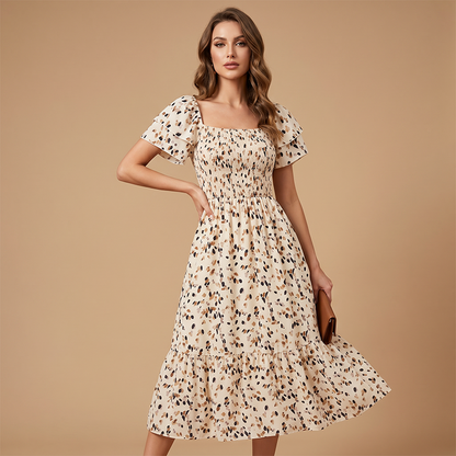 🔥2026 Summer Hot Sale 50% OFF!✨Square Neck Floral Midi Dress – Smocked Bodice, Flowy Tiered Skirt, Romantic🌸