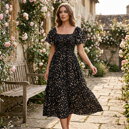 🔥2026 Summer Hot Sale 50% OFF!✨Square Neck Floral Midi Dress – Smocked Bodice, Flowy Tiered Skirt, Romantic🌸