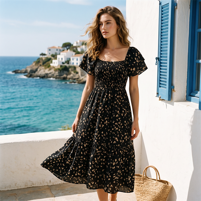 🔥2026 Summer Hot Sale 50% OFF!✨Square Neck Floral Midi Dress – Smocked Bodice, Flowy Tiered Skirt, Romantic🌸