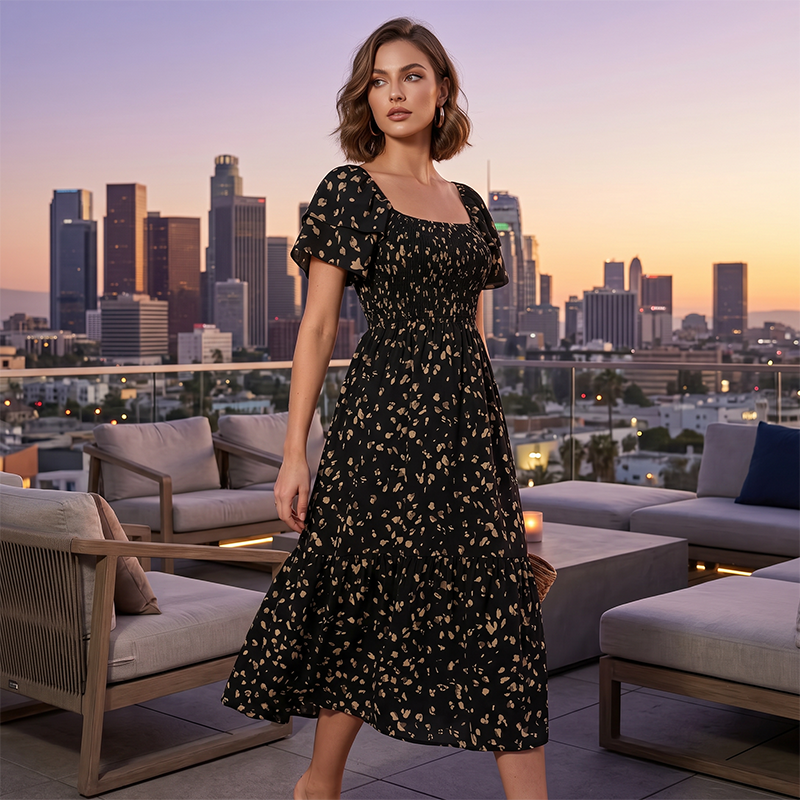🔥2026 Summer Hot Sale 50% OFF!✨Square Neck Floral Midi Dress – Smocked Bodice, Flowy Tiered Skirt, Romantic🌸