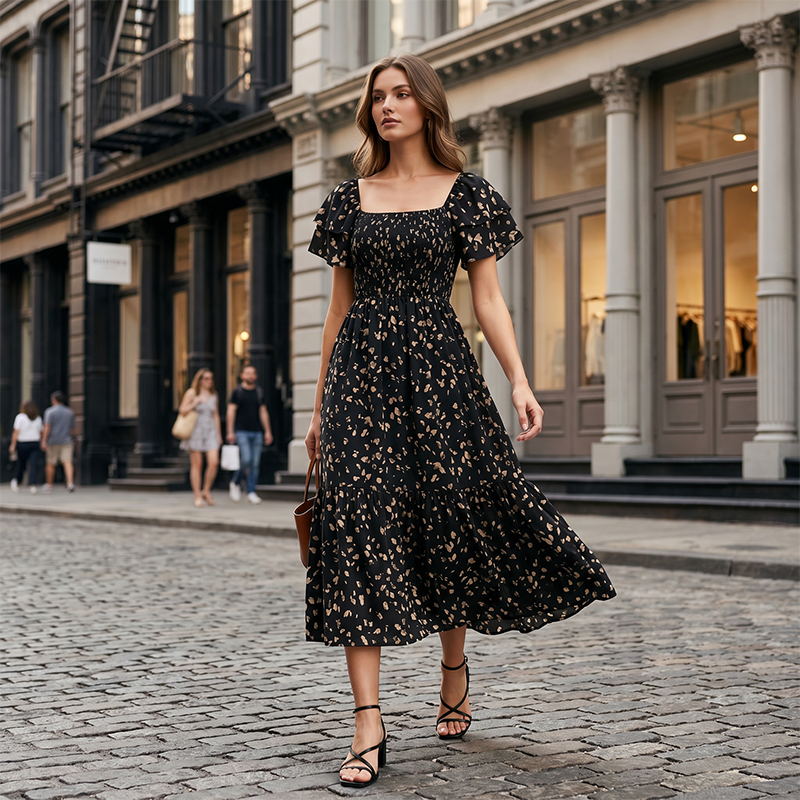 🔥2026 Summer Hot Sale 50% OFF!✨Square Neck Floral Midi Dress – Smocked Bodice, Flowy Tiered Skirt, Romantic🌸