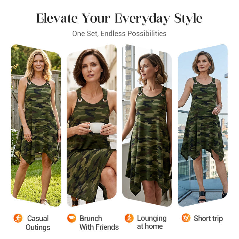 👗 LIMITED-TIME 70% OFF! ✨ Sleeveless Camouflage Dress – Asymmetrical Hem, Edgy Style, Unique 🍂