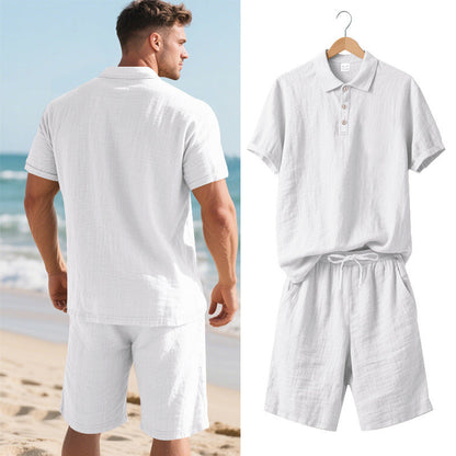 👕 LIMITED-TIME 50% OFF! 💥 Men's Casual Top & Shorts 2-Piece Set – Linen Blend, Lapel Collar, Elastic Waist ✨